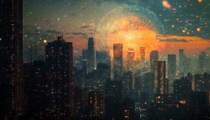 Obraz premium Cityscape with a glowing orb and digital overlay
