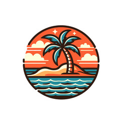 Fototapeta premium Palm beach vacation andvector illustration emblem. Ocean, sunrise, holiday