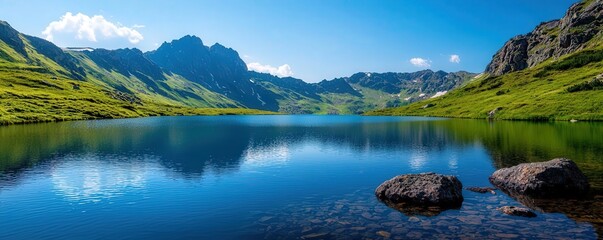 Fototapeta premium Stunning mountain lake surrounded by lush greenery and rocky shores under a clear sky.