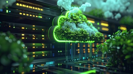 cloud computing, green technology, server room, eco friendly design, renewable energy, digital transformation, sustainable development, innovation, nature integration, technology fusion