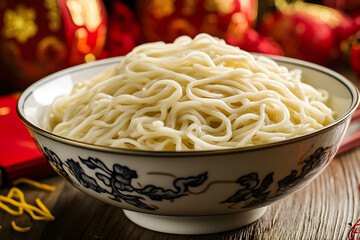 Explore the symbolic foods of Lunar New Year, featuring a bowl of noodles representing longevity and prosperity in a vibrant festive setting, ideal for cultural celebrations.