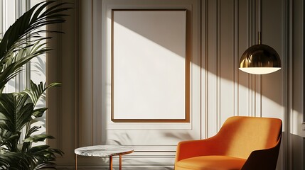 Obraz premium A cozy corner featuring an orange chair, a round table, and a blank framed wall.