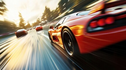 Red sports car speeding on a highway.