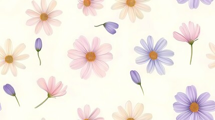 The image is of a repeating pattern of various brightly colored flowers with yellow centers.  The flowers are pink, white, and purple.  The background is white.