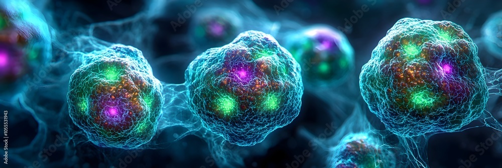 Poster vibrant microscopic view of glowing organic cells and molecular structures in a scientific laborator