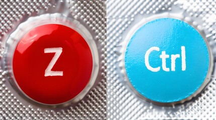 Close-up photo of two round tablets inside a pill tab packaging; one red tablet labeled "Ctrl" on the left and one blue tablet labeled "Z" on the right. Regret, medical, health obscurity