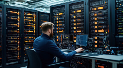 Technician monitoring server performance in a data center with multiple server racks and computer screens displaying data and diagnostics in a modern, high-tech environment.