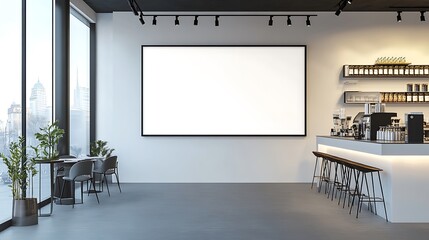 A modern caf? interior featuring a blank screen and a coffee bar with seating.