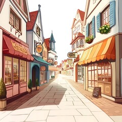Naklejka premium A charming cartoon street lined with tall buildings, featuring shops and restaurants bustling with activity on a white background.