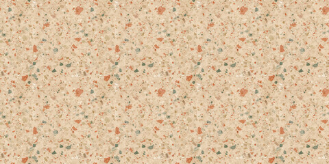 A terrazzo surface with a warm ivory base, featuring small, muted pastel stones in soft coral, faded blue, and light sage