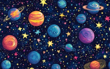 Cosmic cartoon universe with abstract planets, twinkling stars, and deep space hues in an eyecatching, colorful wallpaper design