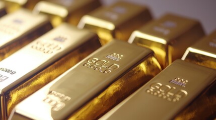 A close-up view of gleaming gold bars, showcasing their shiny surfaces and engravings, symbolizing wealth and luxury.