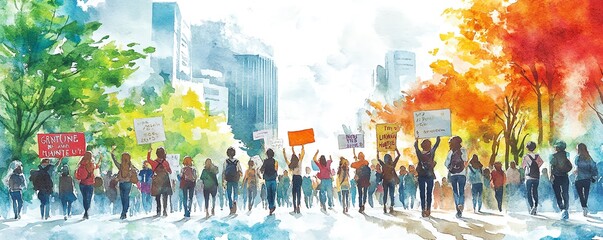 Dynamic watercolor artwork of young activists in a protest, holding signs for gender equality, human rights, and climate justice