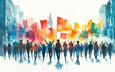 Expressive watercolor illustration of a protest march with young people demanding climate action, gender equality, and social rights