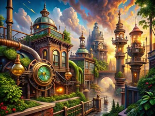 Obraz premium Steampunk Architectural Marvels: Industrial Elegance in Urban Landscapes