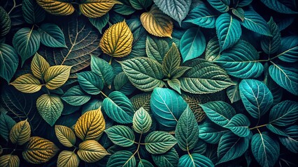 Vintage Style Photography of Intricate Teal and Green Leaves with Golden Hues Against Dark Background