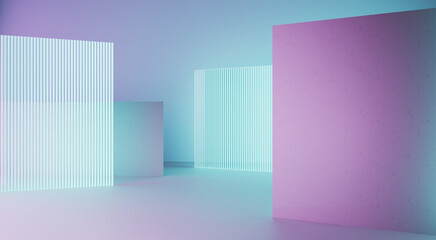 3d rendering of blue and purple neon glowing wall background. Scene for advertising, technology, showcase, banner, game, sport, cosmetic, business, metaverse. Sci-Fi Illustration. Product display