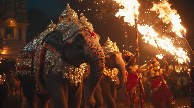 Kandy Esala Perahera, procession of elephants decorated in gold and red, sparkling torches light up the night, Ai generated images