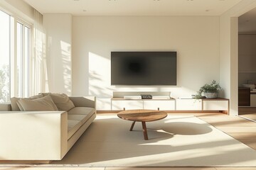 Fototapeta premium Modern living room with big TV and sofa in light beige tones. Neural network ai generated art