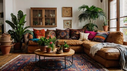 A bohemian living room featuring a low couch with colorful throw pillows, a patterned rug, and eclectic decor items, surrounded by potted plants for a relaxed vibe 