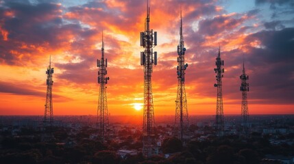Silhouetted Cell Towers at Sunset Over a City Skyline