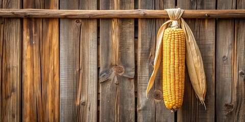 Dry corn cob hanging on bamboo rail at wooden wall with shallow depth of field