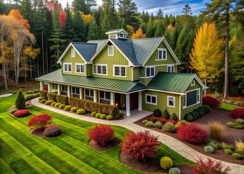 Sleek Farmhouse Exterior with Vertical Moss Green Paneling, Ivory Trim, Ruby Red Grass, and Navy Trees - Inviting Candid Photography of Unique Architecture