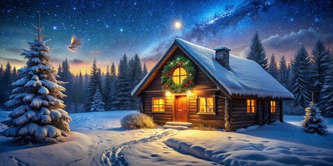 Fototapeta premium Snowy Cabin Night Photography with Wreath, Watercolor Rural Landscape, Winter Scene, Cozy Atmosphere, Holiday Decorations, Scenic Nature, Snowy Trees, Serene View