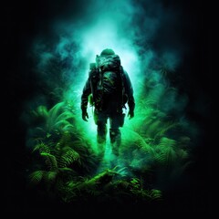 Fototapeta premium A lone figure in a dark, misty environment, surrounded by glowing green foliage, creates a mysterious and adventurous atmosphere.