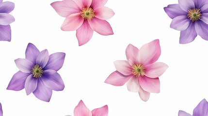 Obraz premium The image shows a pattern of pink and purple flowers with white background.