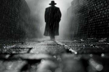 Obraz premium A mysterious figure in a rain-soaked alley, shrouded in fog, wearing a hat and a long coat, evokes a noir atmosphere.