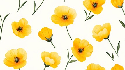 A seamless pattern of yellow flowers with green stems and leaves on a white background.