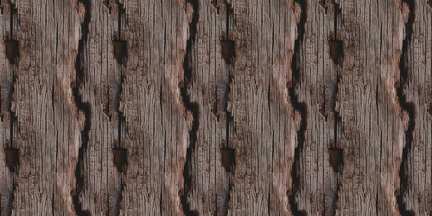 A close-up view of weathered wood with deep grooves, scratches, and faded colors