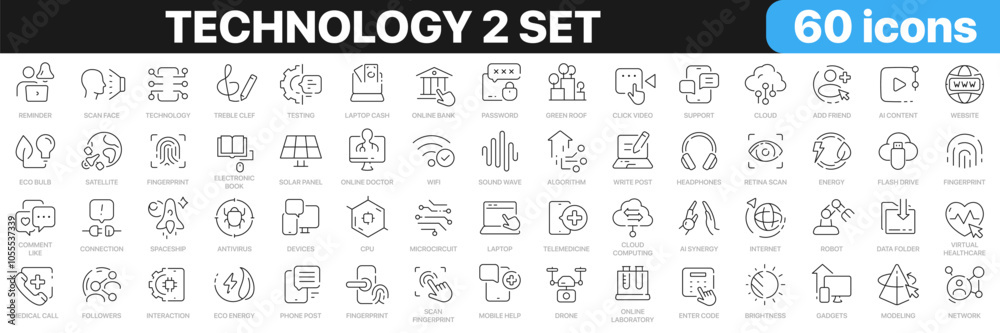 Poster technology 2 set line icons collection. information technology, internet, devices, science progress,