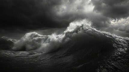 An image of crashing ocean waves during a storm, with dark clouds rolling overhead.