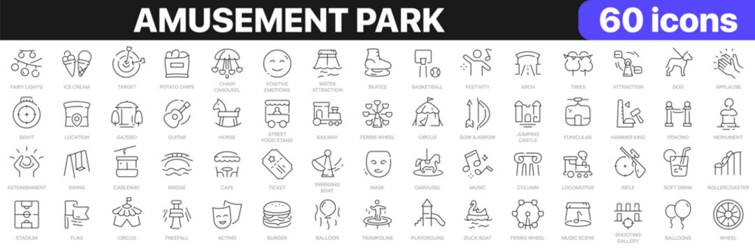 Amusement park line icons collection. Carousel, circus, swing, cafe, stadium, playground icons. UI icon set. Thin outline icons pack. Vector illustration EPS10
