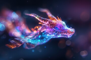 A vibrant, sparkling dragon illustration gliding through a mystical realm, showcasing a mesmerizing play of colors and light.