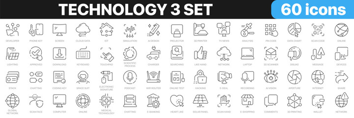 Technology 3 set line icons collection. Information technology, internet, devices, science progress, server icons. UI icon set. Thin outline icons pack. Vector illustration EPS10