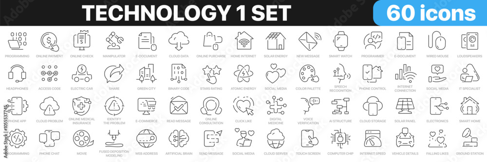 Poster technology 1 set line icons collection. information technology, internet, devices, science progress,