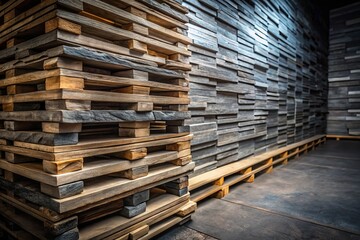 Fototapeta premium Stacked slate stone tiles on a pallet, ideal for construction projects. Low light photography showcases grey tiles, perfect for renovation and inspiring building design ideas.
