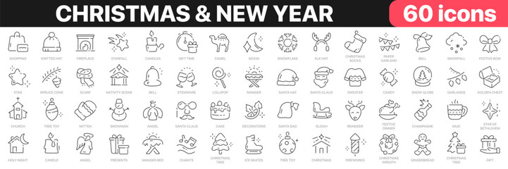 Christmas and New Year line icons collection. Holiday, angel, snowman, Santa, reindeer, manger bed icons. UI icon set. Thin outline icons pack. Vector illustration EPS10