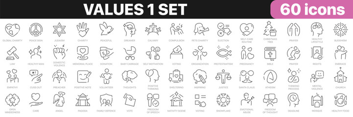 Values 1 set line icons collection. Religion, charity, relationship, justice, family, care icons. UI icon set. Thin outline icons pack. Vector illustration EPS10