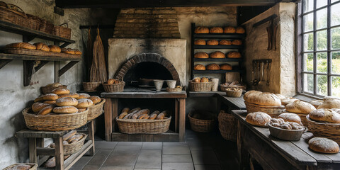An old-fashioned baker's kitchen with a wood-fired oven and baskets of freshly baked loaves.