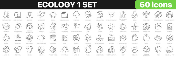 Ecology 1 set line icons collection. Environment, fruits, energy, nature, vegetables, animals, recycling icons. UI icon set. Thin outline icons pack. Vector illustration EPS10