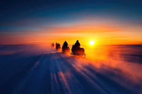 A group of people are riding snowmobiles on a road with a beautiful sunset in th