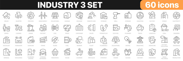Industry 3 set line icons collection. Construction, manufacture, factory, energy, logistics, tools icons. UI icon set. Thin outline icons pack. Vector illustration EPS10