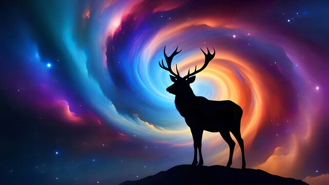 Black silhouette deer on nebula swirl background