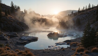 Hot spring with billowing steam in a mountain gorge symbolizing relaxation and natural wonder