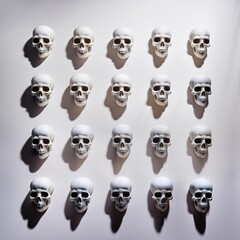 minimalist image of many white skulls arranged in order white skulls on white background with hard shadows