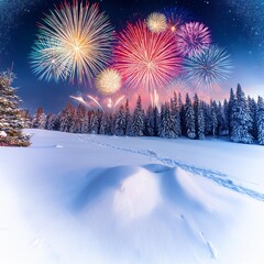 new year card new year s eve background with colorful party fireworks display on the sky outdoors in a winter landscape with snow and fir trees